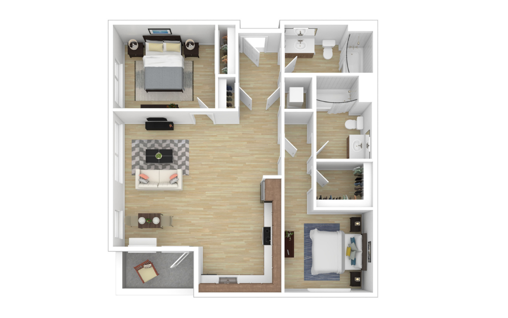 B2 - 2 bedroom floorplan layout with 2 bathrooms and 1046 square feet