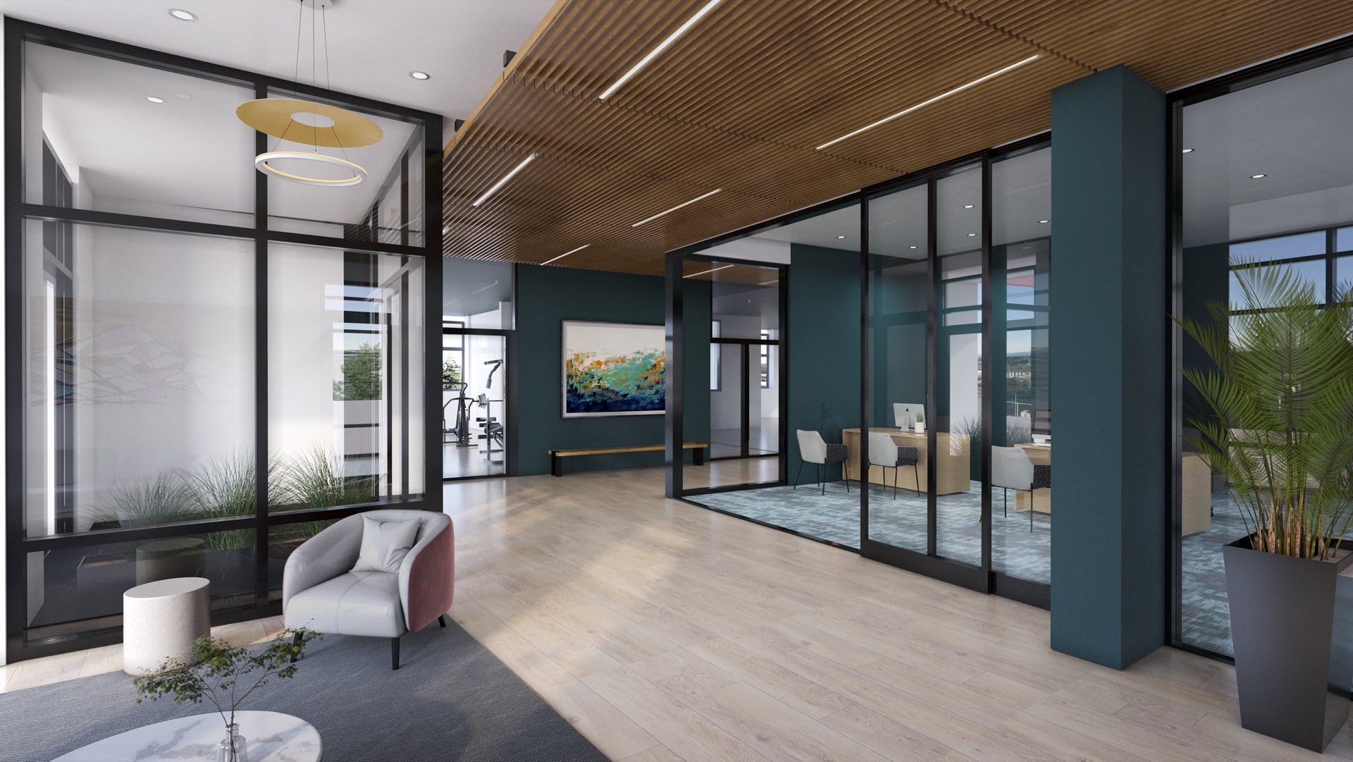 Knox lobby with glass leasing offices and lounge space with modern furniture and wood floors.