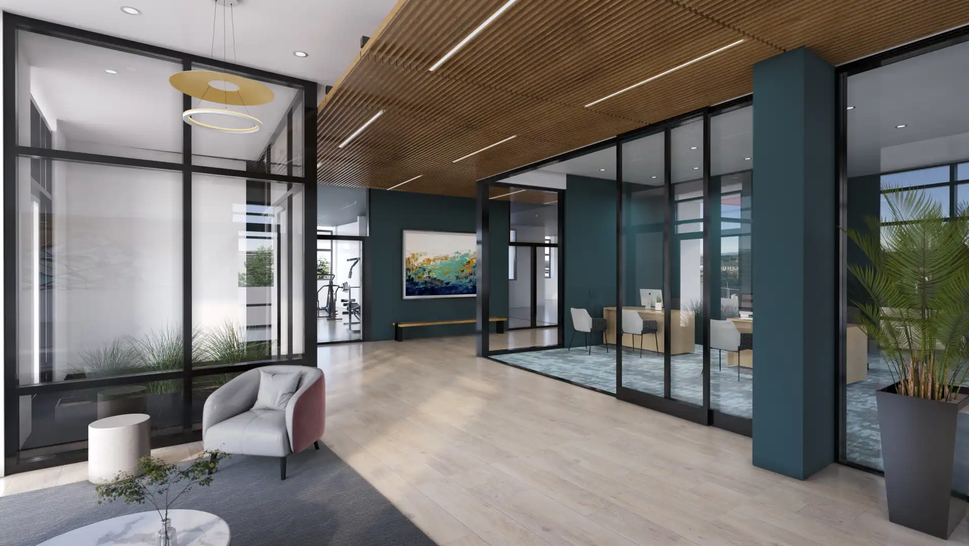 Knox lobby with glass leasing offices and lounge space with modern furniture and wood floors.